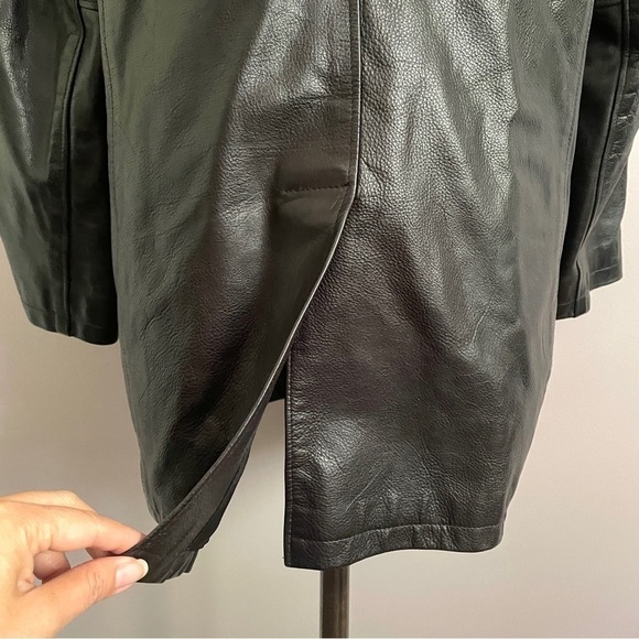 Vintage 90s Y2K Roots Black 100% Leather Straight Cut Mid Length Car Coat - 6/S - Picture 10 of 14